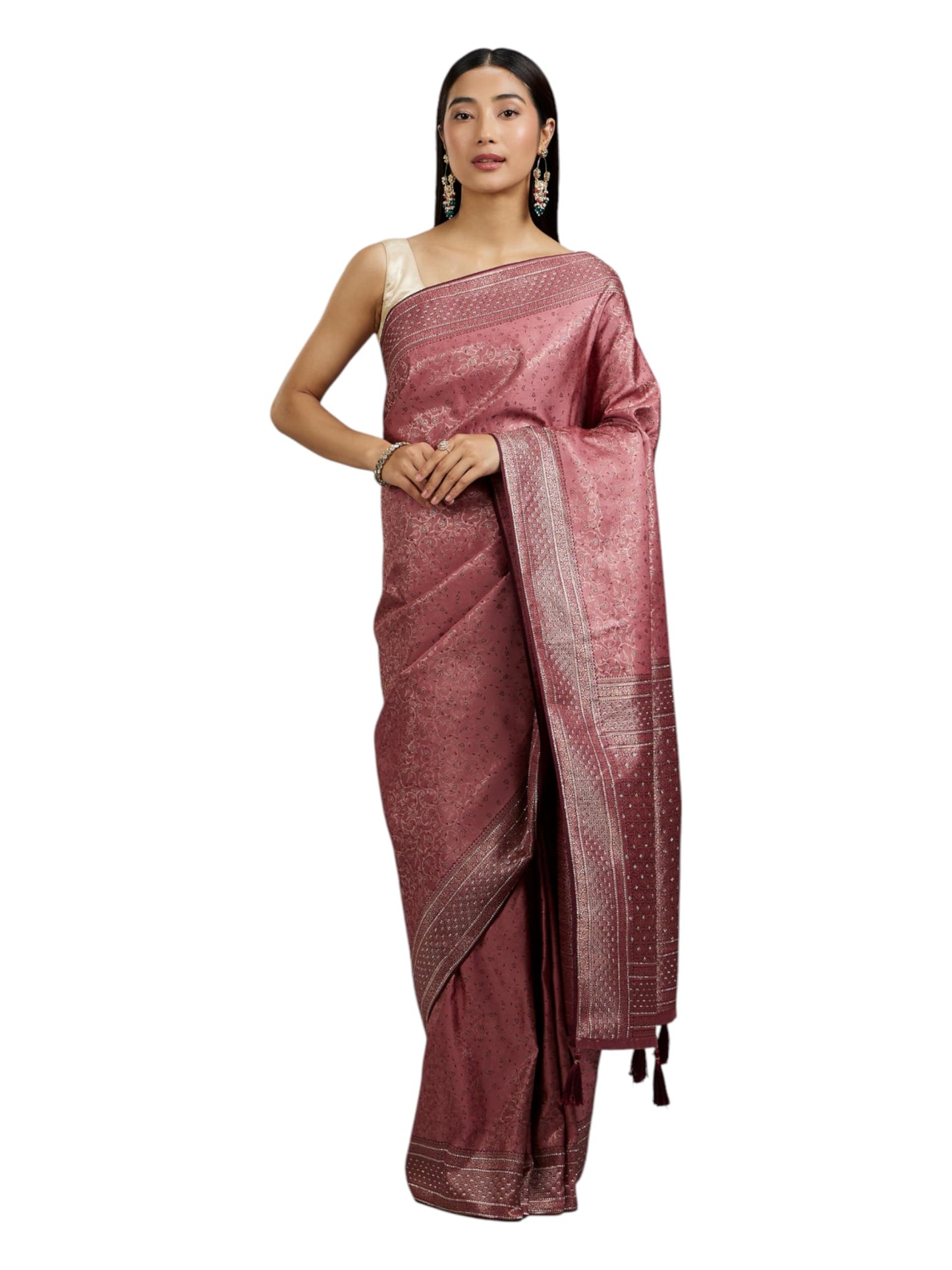 MOHEY Women's Art Silk Stone Work|Weave Saree with Blouse Piece(Dusty Pink)