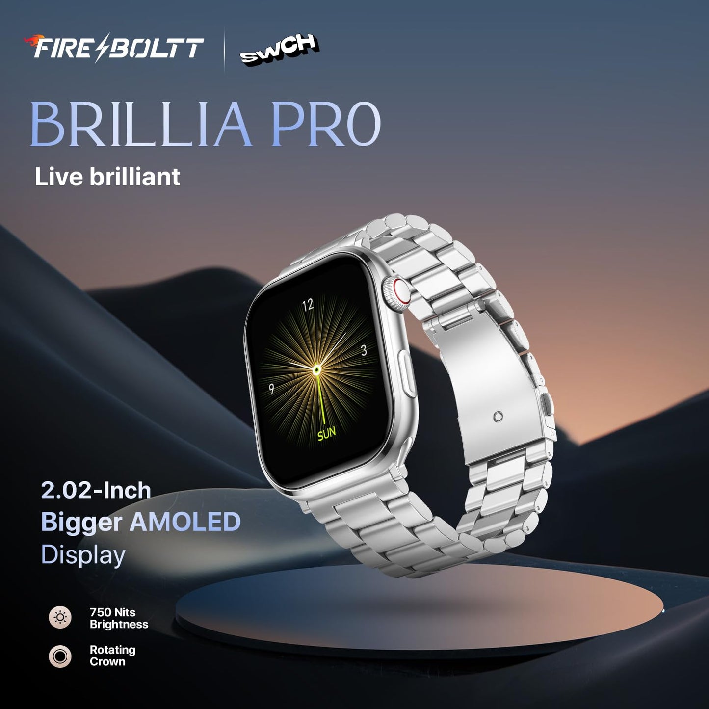 Fire-Boltt Brillia Pro Smart Watch with 51.3mm (2.02 inch) AMOLED Display, Bluetooth Calling, SpO2, Heart Rate Monitoring, 120+ Sports Modes, IP67 Waterproof, Long Battery Life (Silver Chain)