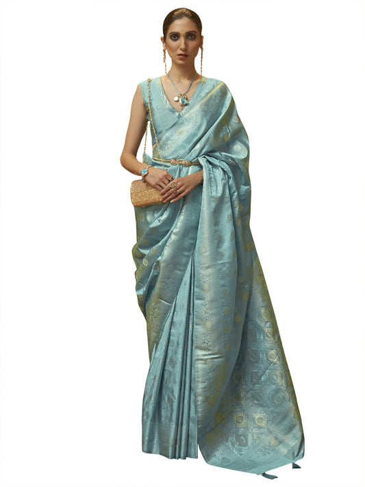 AKHILAM Women's Silk Blend Woven Design Saree With Unstitched Blouse Piece (Blue_KANDNA221005_RJ)
