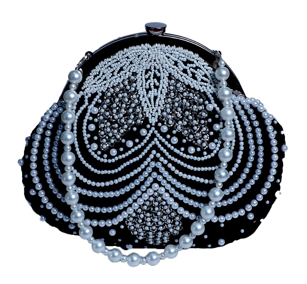 SWISNI Pearly Half Frame Clutch Bag II Women's Traditional Designer Clutch For Women & Girls II BATUA BAGS (Black)