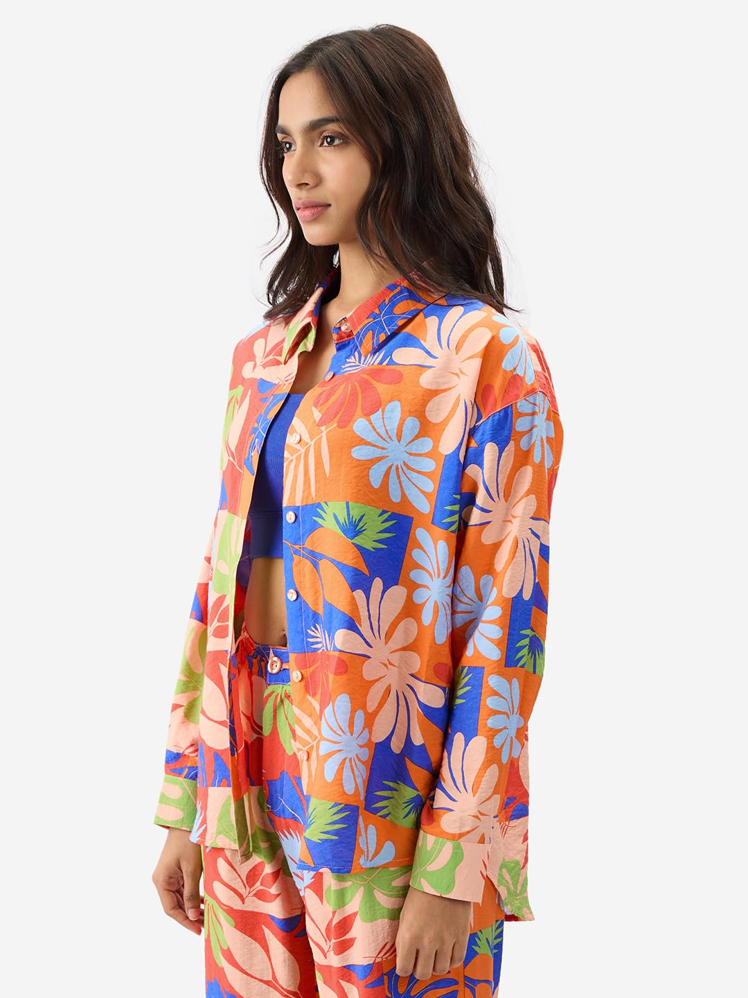 The Souled Store Leafy Charm Women and Girls Long Sleeve Collared Neck Button Down All Over Print Multicolor Oversize Fit Fashionable Trendy Boyfriend Shirts