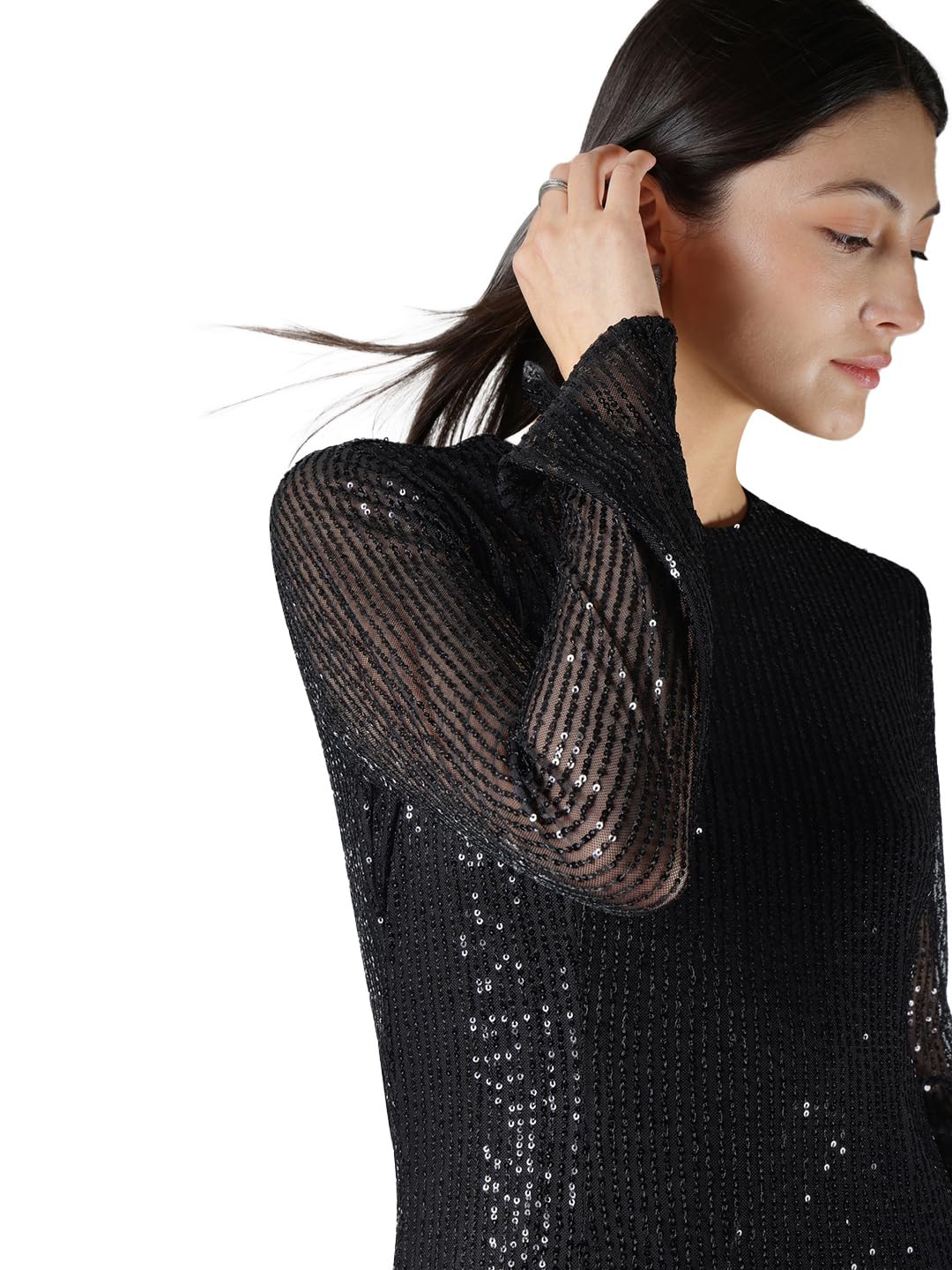 FableStreet Women Party Dress | Slim Fit A-Line Above Knee Length | Sequined Fabric, Round Neck, Full Sleeves with Slits | Perfect for Evening & Cocktail Occasions | Black