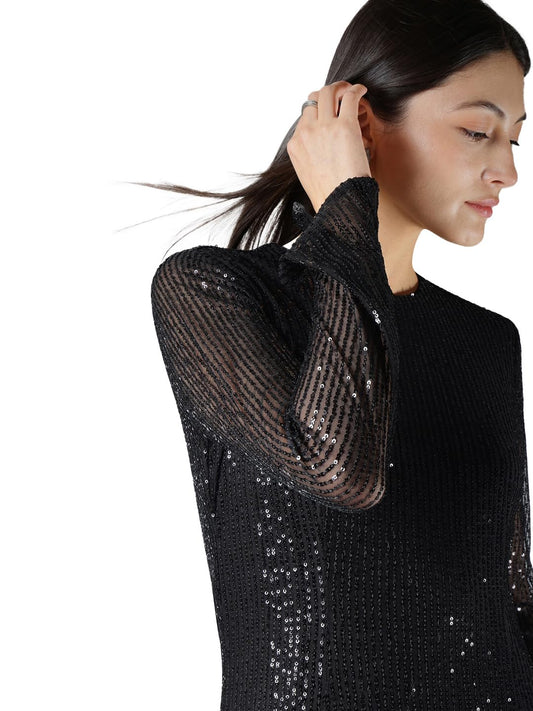 FableStreet Women Party Dress | Slim Fit A-Line Above Knee Length | Sequined Fabric, Round Neck, Full Sleeves with Slits | Perfect for Evening & Cocktail Occasions | Black