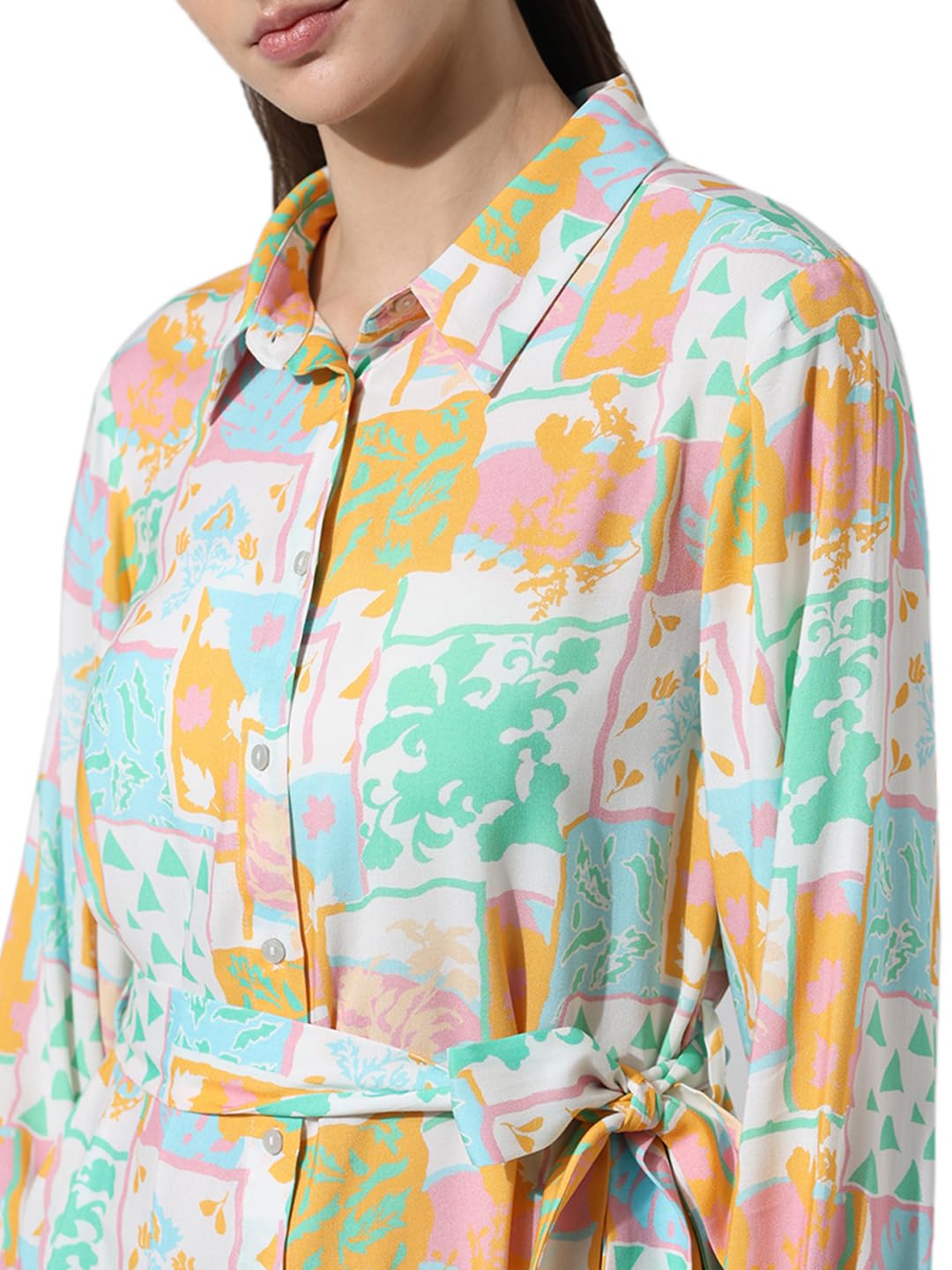 ONLY Women Printed Viscose Above Knee Loose Fit Multicolor Shirt Dress