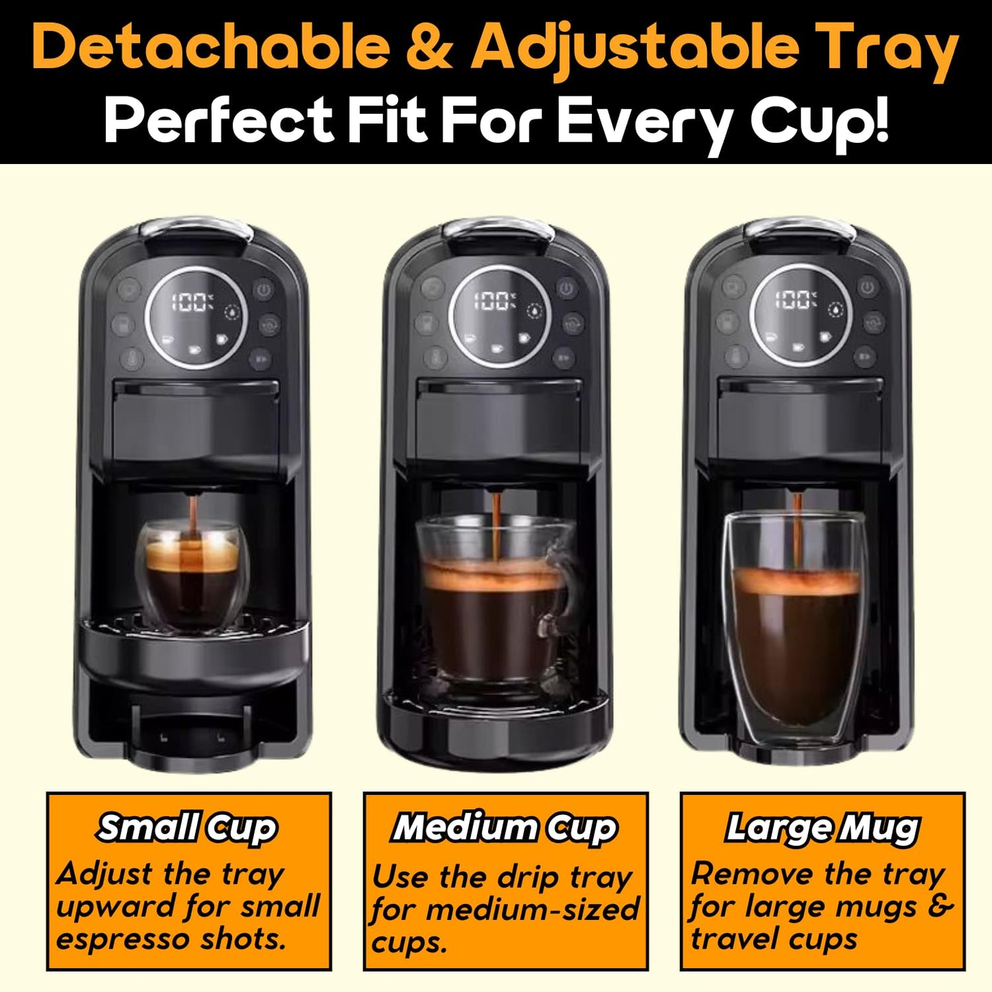InstaCuppa 3-in-1 Espresso Coffee Maker, Works with Ground Coffee, Pods & Capsules, Electric Kettle Mode with Temperature Control, Adjustable Volume, Self-Cleaning, LED Touch Control and Display