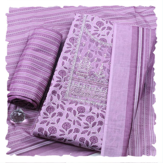 Meena Bazaar Purple Printed Cotton Blend Unstitched Suit With Pant & Dupatta