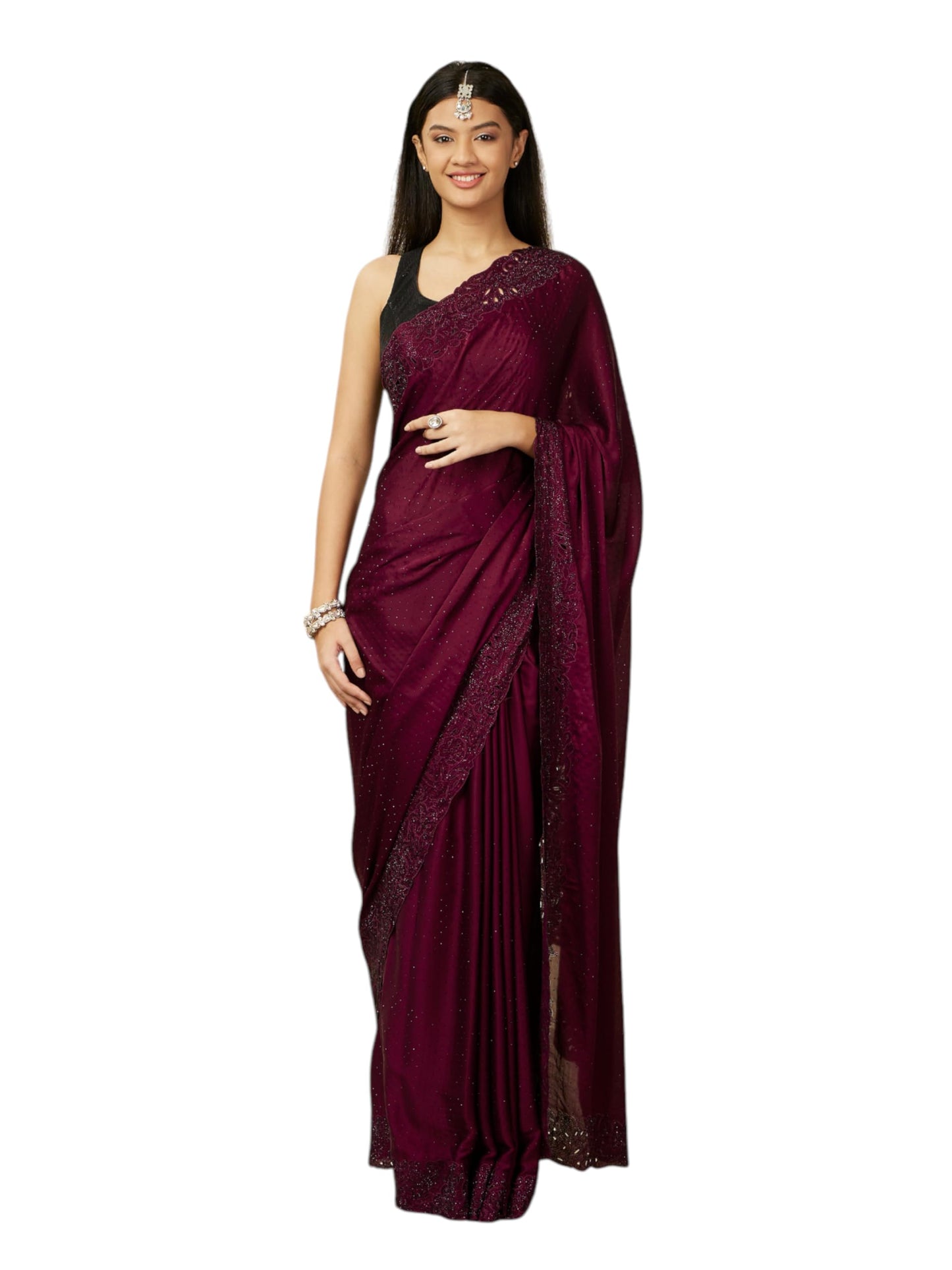 MOHEY Women's Wine Satin Embroidered Zari Weave Saree (WINE)