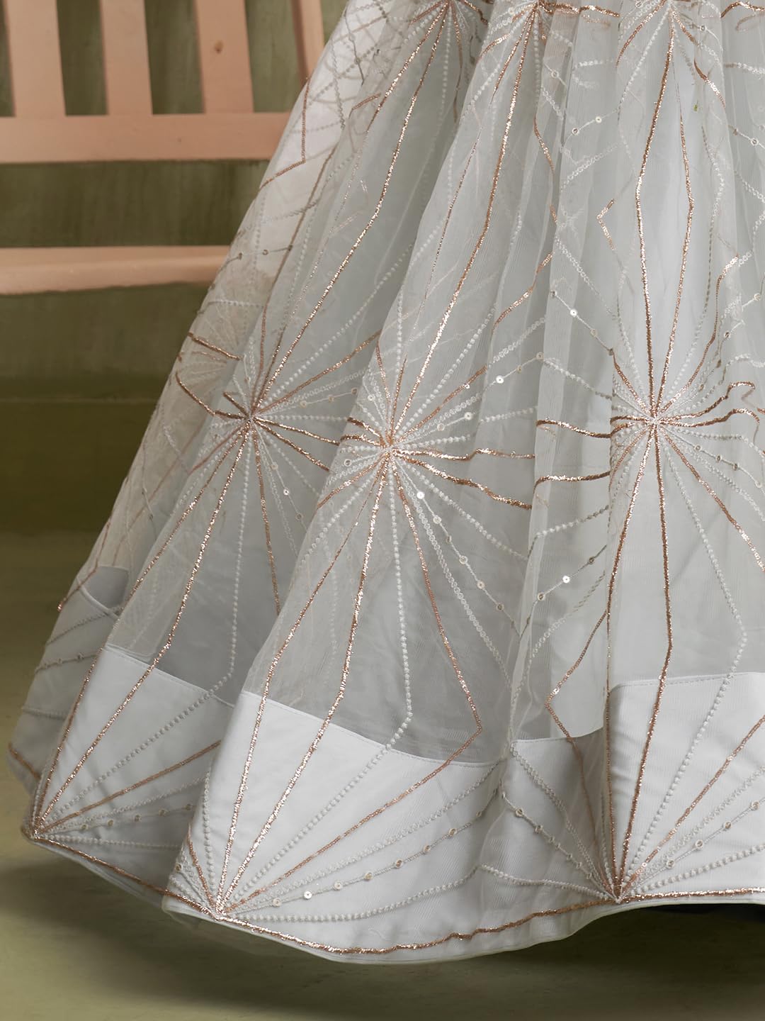 Zeel Clothing Women's Net Semi-Stitched Thread Sequins Work Embroidery Soft Lehenga Choli with Dupatta (NFH-2207-Light-Grey--Lehenga-Choli-Latest; Free Size)