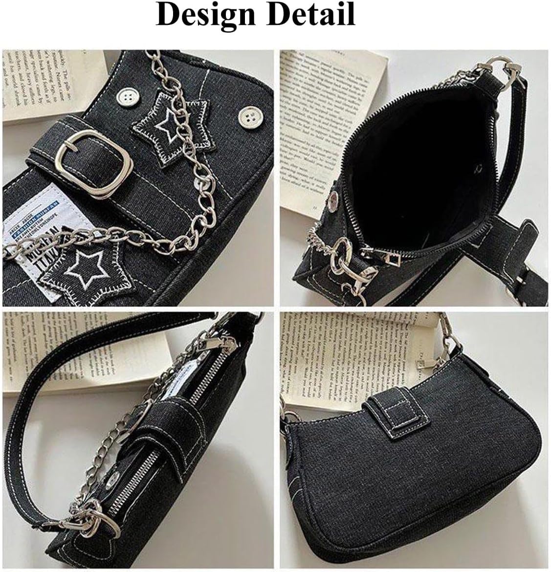 Denim Shoulder Bag for Women, Canvas Aesthetic Crossbody Bag, Lightweight Hobo Handbags, Retro Messenger Bag for Teen Girls, Casual Style Jeans Purse for everyday Use with Zipper Pockets (Black Chic)