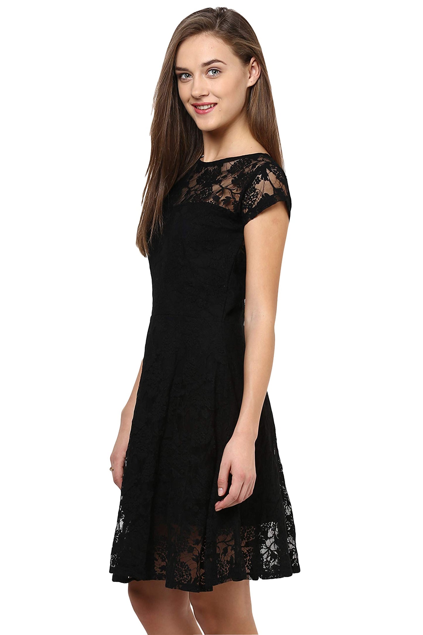 Miss Chase Women's Black Round Neck Cap Sleeves Low Back Lace Skater Dress (MCAW15D05-43-62_Black_XL)