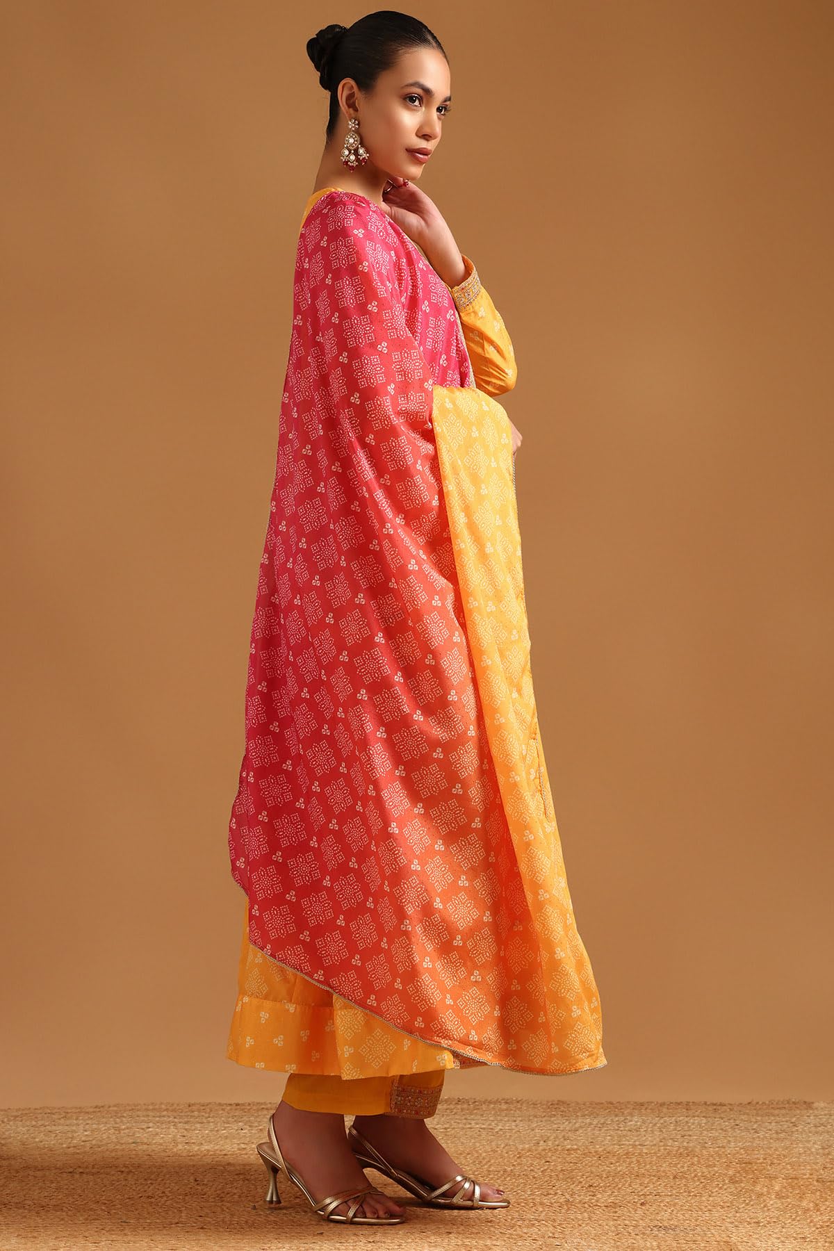 Soch Womens Mustard Chinon Bandhani Salwar Suit With Sequence Work