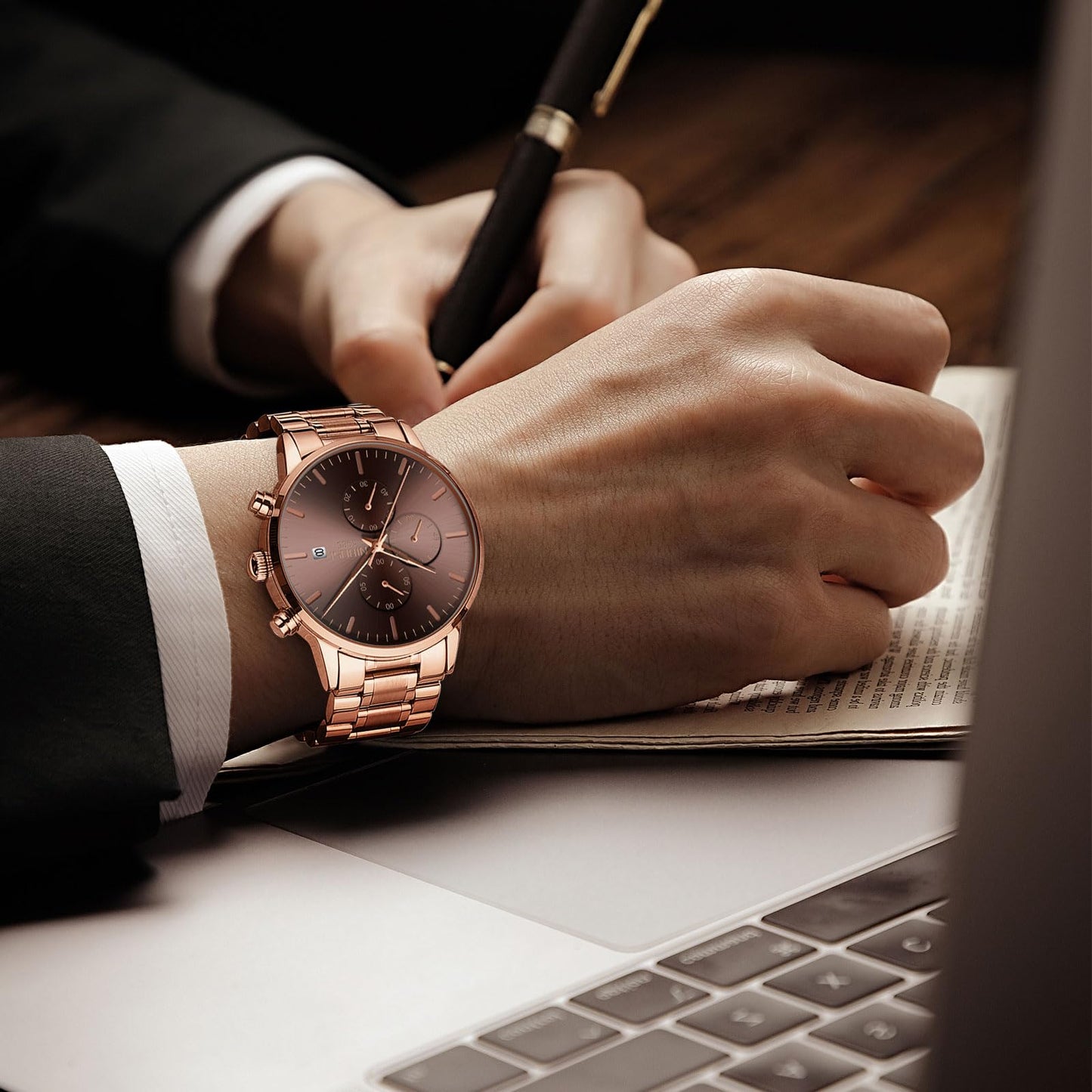 NIBOSI Men's Watches Analog Minimalist Black Dial Watches for Men Business Chronograph Casual Stainless Steel Strap Date (Rose Brown)