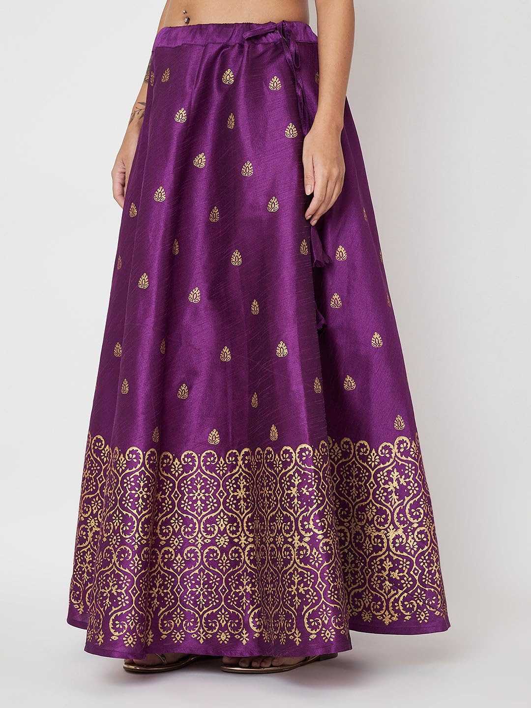 studio rasa Women's Dupion Hand Block Printed Bias Skirt for Wedding Festive Party (SKTC52403L_Purple_Large)