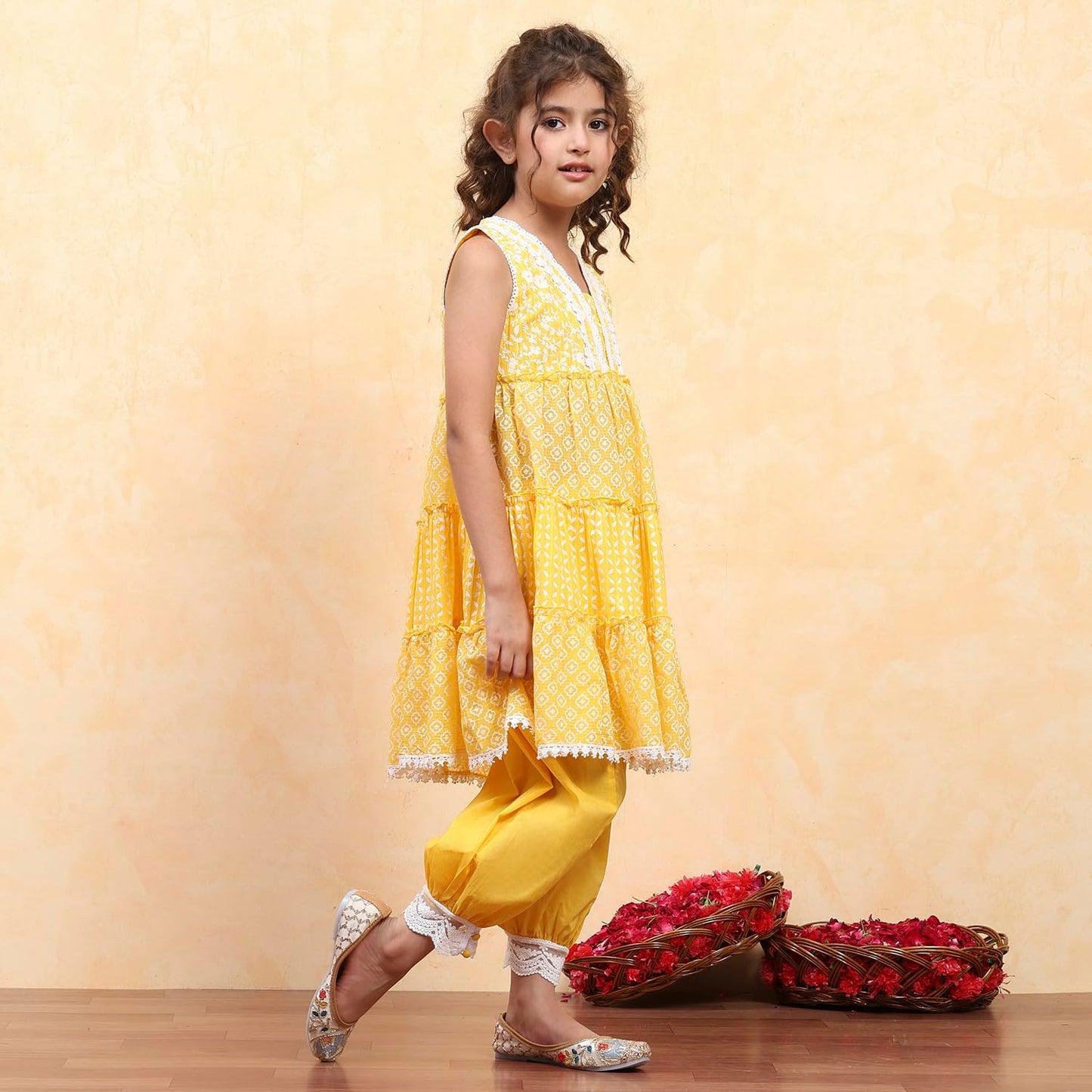 Biba Girl's Yellow Cotton Tiered Printed Kurta Salwar Set