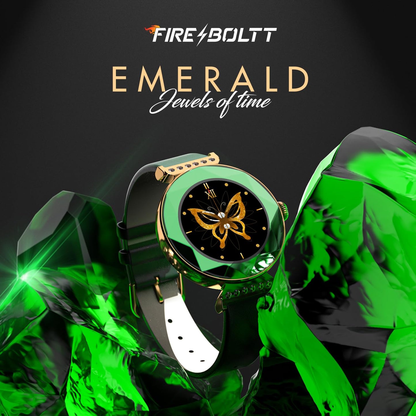 Fire-Boltt Emerald Gemstone-Studded Diamond Cut Smart Watch with 1.09” HD Display, Multiple Sports Modes, Health Suite, Wireless Charging, IP68 with Additional Stainless Steel Strap (Green)