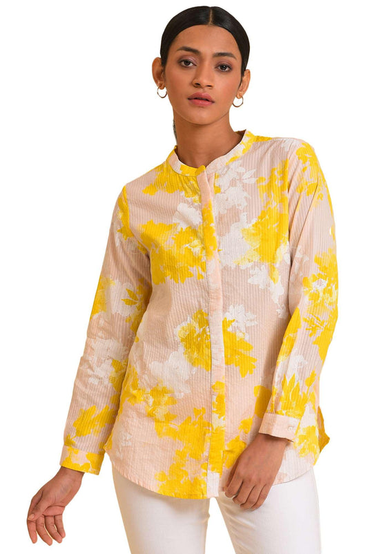 W For Woman Light Pink Floral Printed Cotton Shirt Style Top