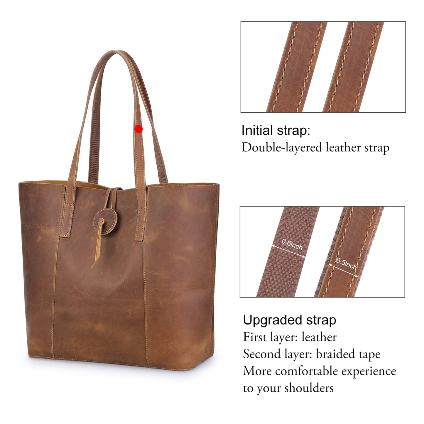 S-ZONE Vintage Genuine Leather Shoulder Tote Bag for Women (Large) - Light Brown