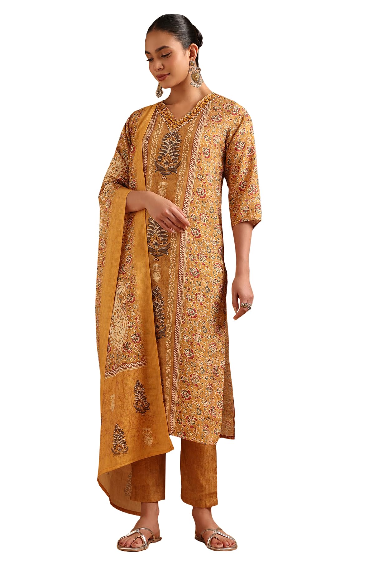 Soch Womens Mustard Viscose Blend Botanical Salwar Suit With Beads
