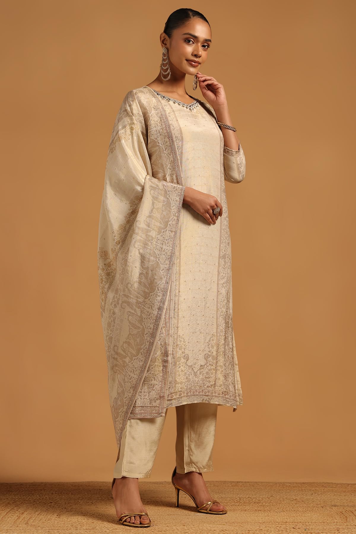 Soch Womens Beige Russian Silk Botanical Salwar Suit With Beads And Stones