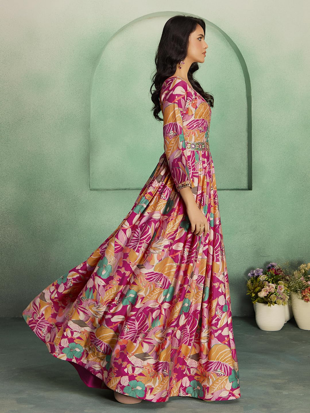 madhuram textiles Women's vetican Print with Hand Embroidery Work Anarkali Long Gown(M-2544 Pink_Medium)