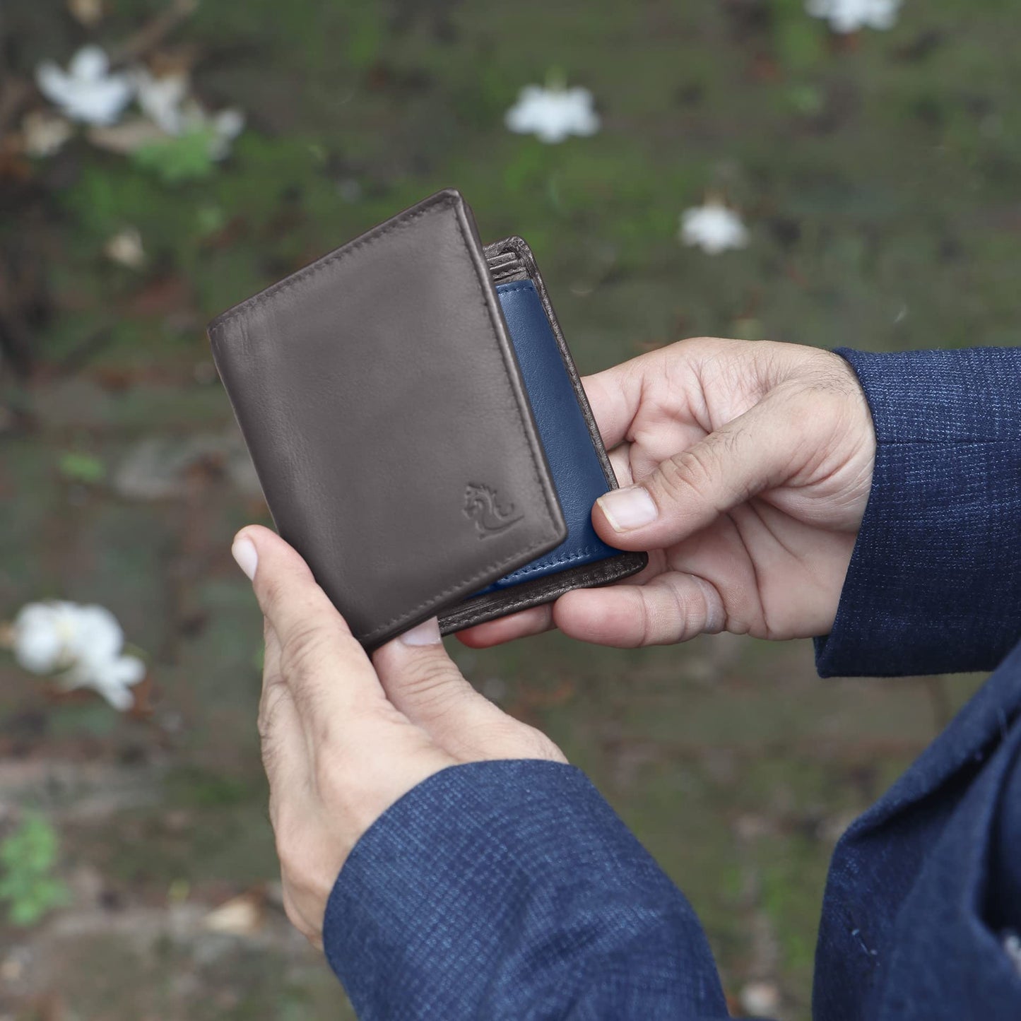 KARA Genuine Leather Wallet for Men - Bi Fold Vertical Dual Color Brown & Blue Men's Wallet with Six Business Card Holding Slots