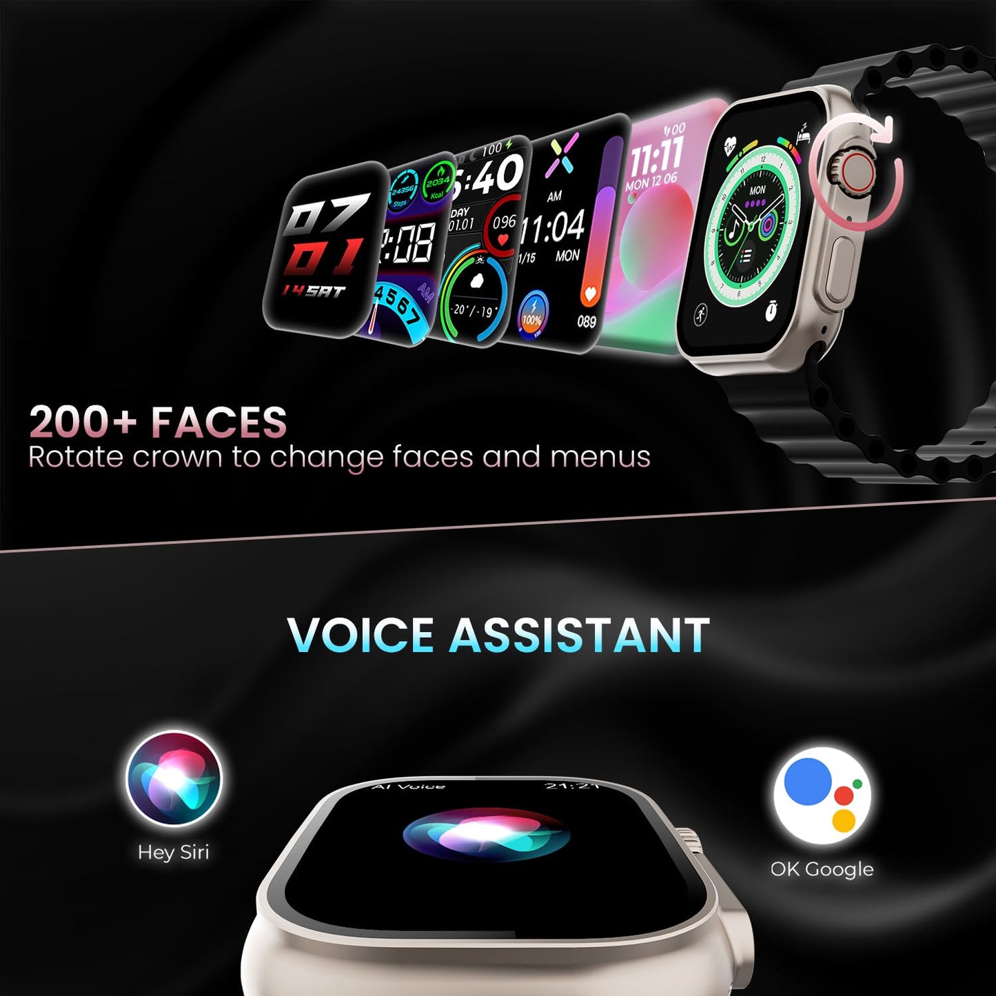 Kratos SW16 Ultra Smartwatch with 1.85" Full Touch Display, Bluetooth Calling, Voice Assistant, IP67, 200+ Watch Faces, Multi Sports Modes, Rotating Crown, Metallic Body, Wireless Charging Smart Watch