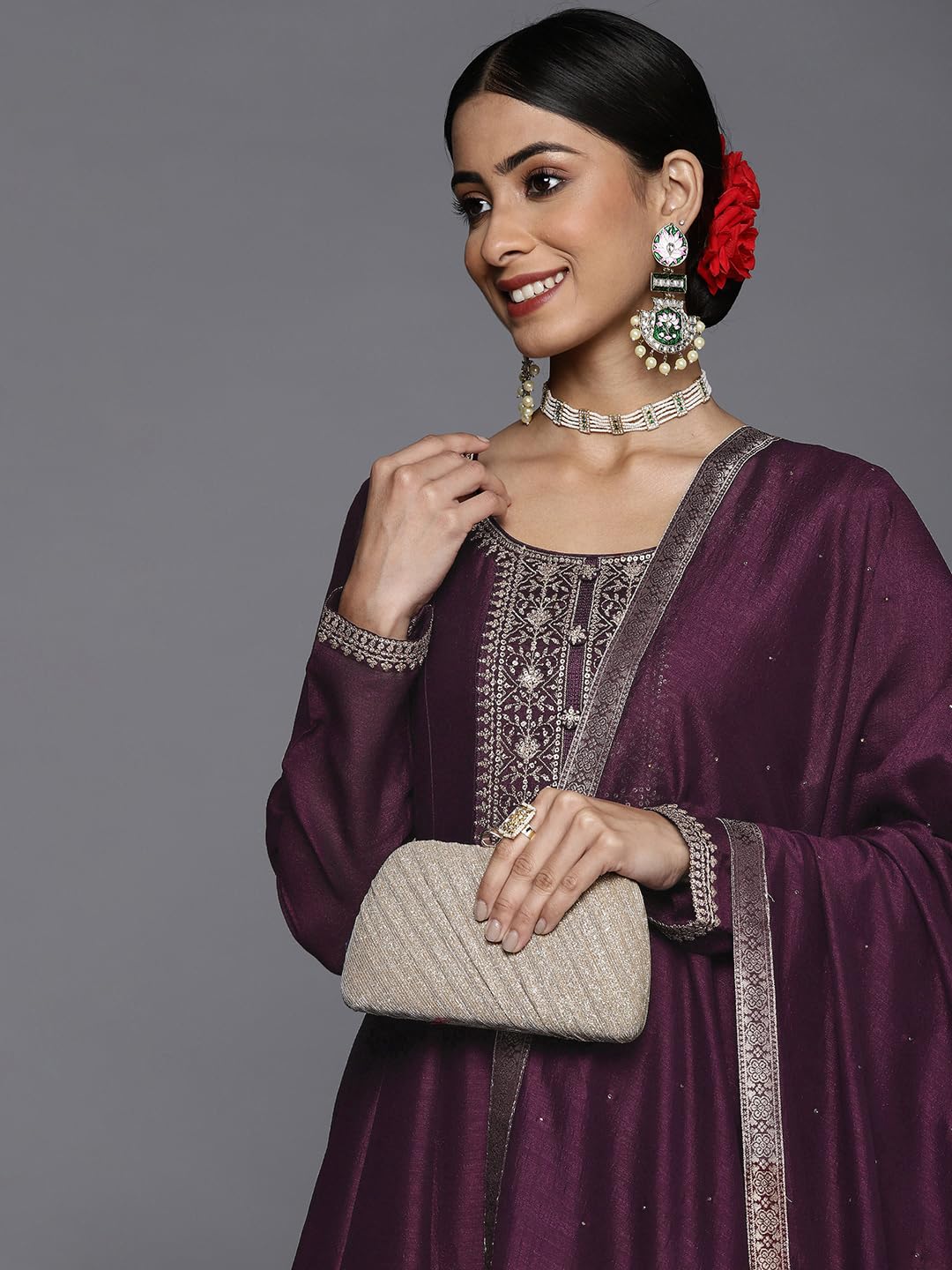 Libas Purple Yoke Design Silk Blend Anarkali Kurta With Churidar & Dupatta