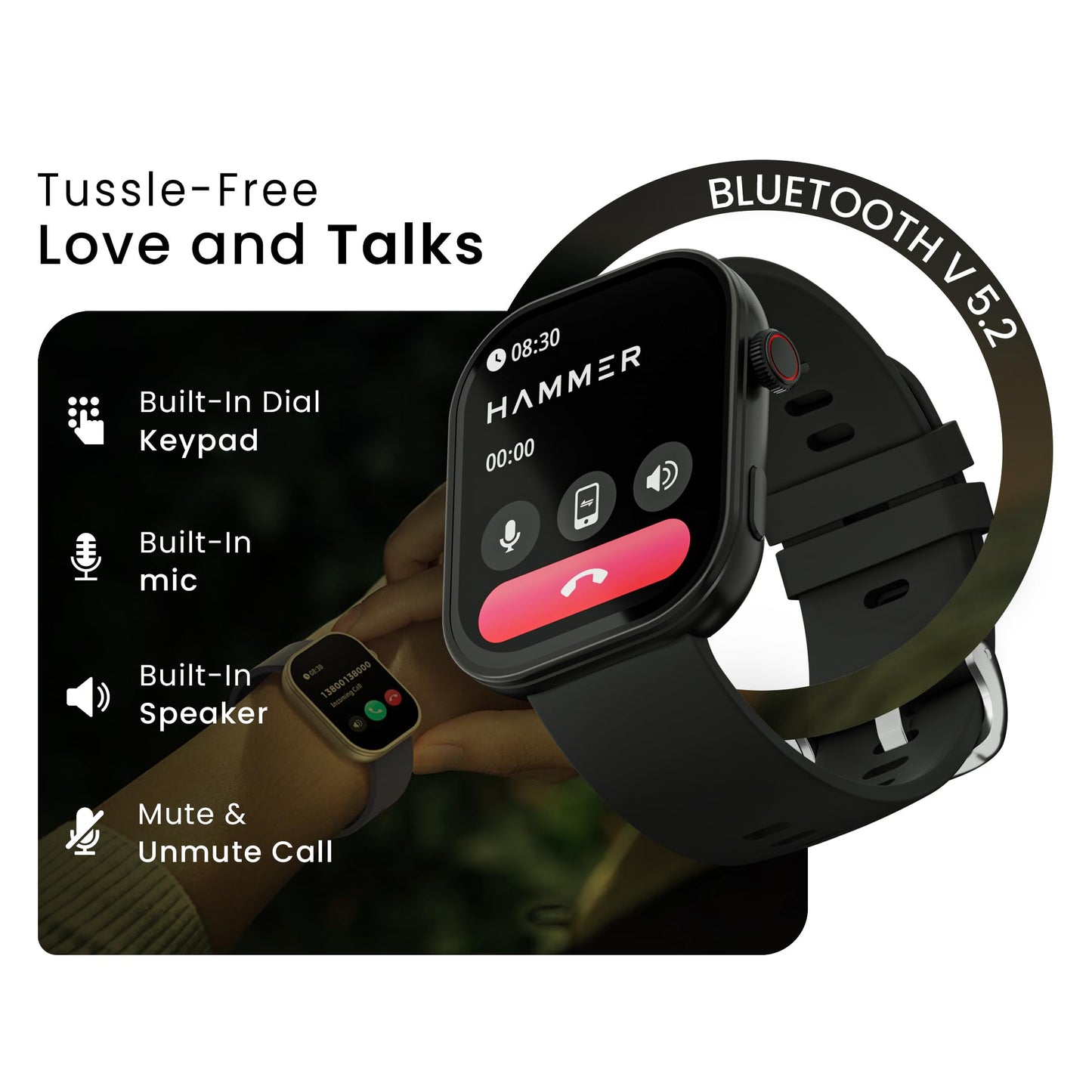 Hammer Tussle 2.01" HD Display Smart Watch, Bluetooth Calling, Rotating Crown, Voice Assistant, In-Built Games, Smart Notifications, Customized Watchfaces, Sports Mode, DND, Raise to Wake Powder Black