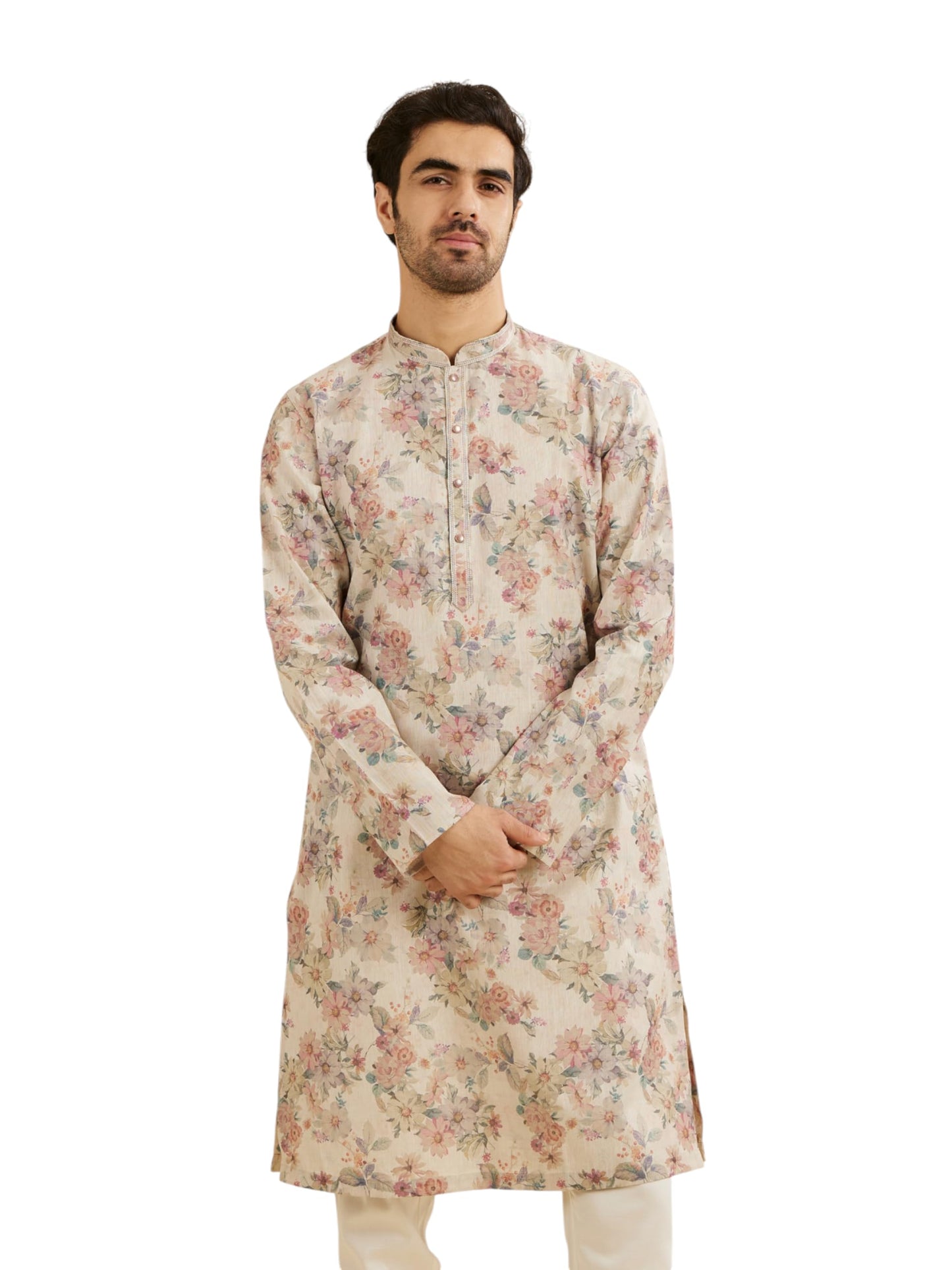 Manyavar Men's Cotton BlendFloral Digital Print Long Kurta (Natural,XL)