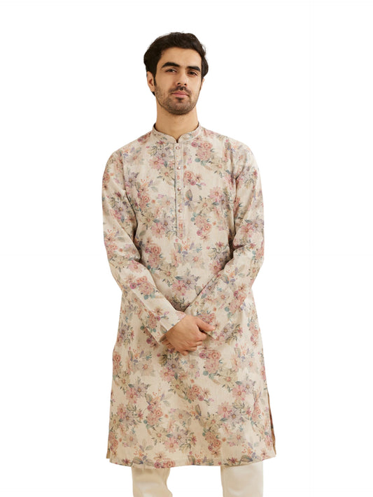 Manyavar Men's Cotton BlendFloral Digital Print Long Kurta (Natural,XL)