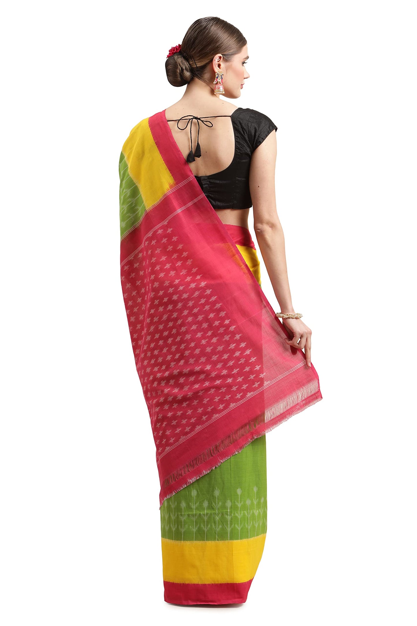 Aditri Women's Handloom Ikat on Cotton Saree with Running Blouse (Multicolored)