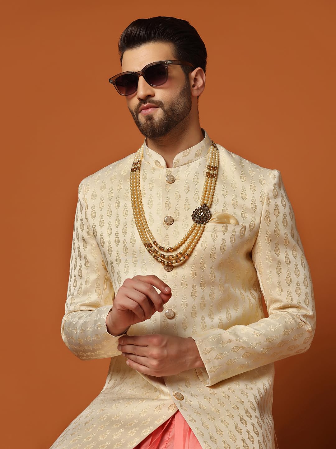 KISAH Men's Cream Indo-Western Sherwani Dhoti Set, Cotton Full Sleaves, Knee Length, Straight, Regular Fit, Mandarin Collar Ethnic Wear