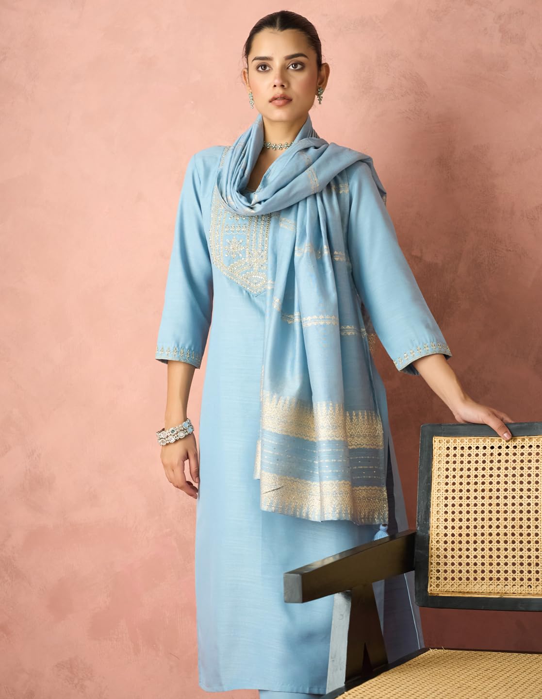 Hritika Blue Cotton Blend Sequined Embroidered Kurta with Pant and Dupatta_HRKBD0219LBLUE_M