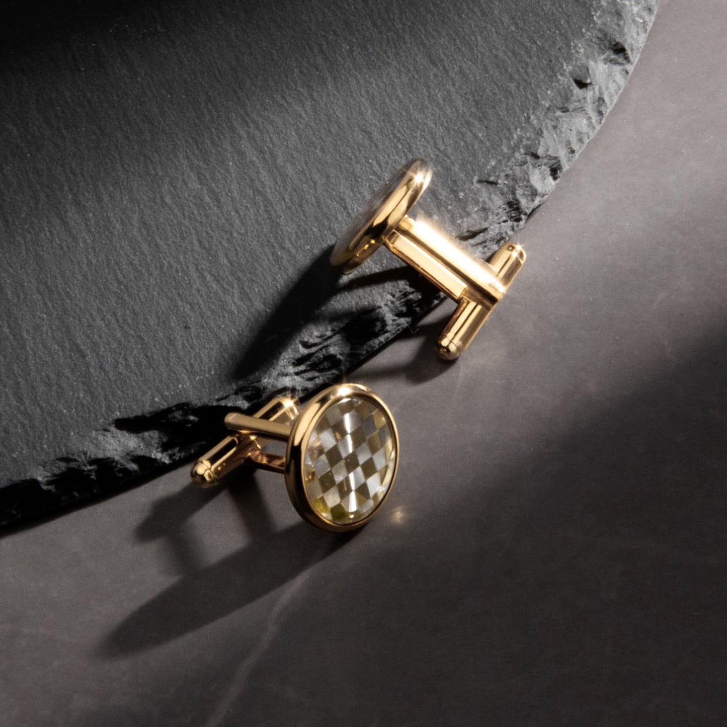 UJOY Men's Cufflinks - Gold Plated, Chessboard Design, Round Shape, Suitable for Business Wedding Dinner Formal Dress, with Gift Box