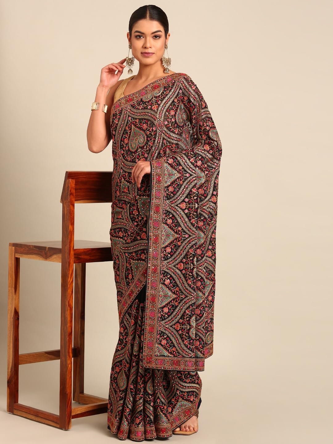 MOHEY Women's Blue Georgette Embroidery|Stone Work Saree with Blouse Piece