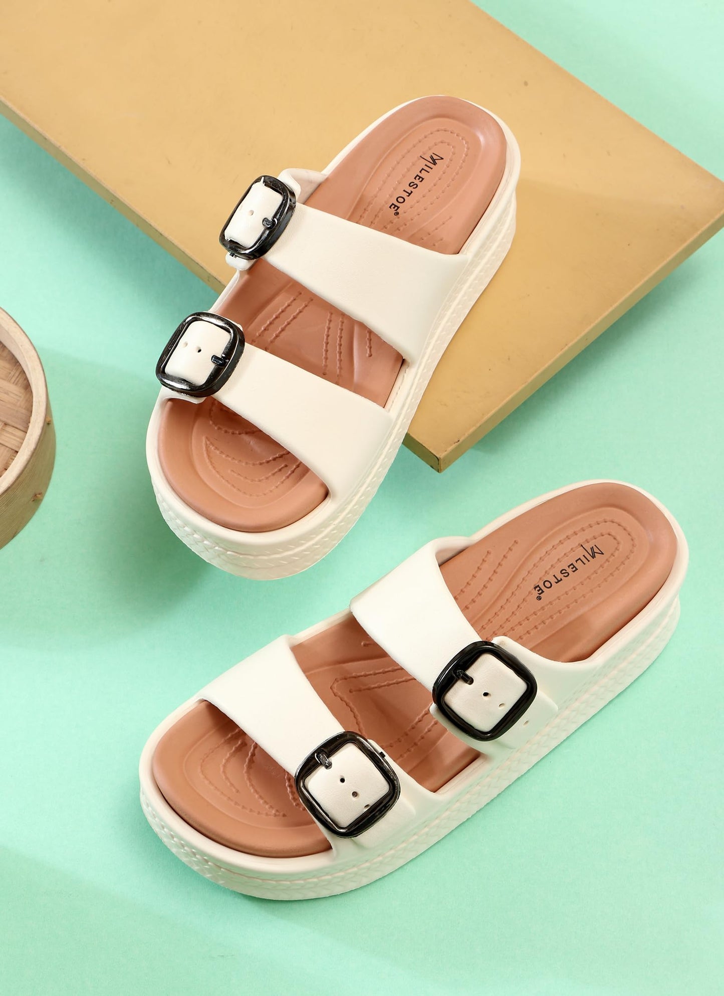 Essence Women Buckle Sandals with Super Soft Insole | Ergonomic Footbed | Lightweight | Platform Heel | Cushioned Sole | Suggested by Doctors I Latest, Stylish and Trendy Slip-Ons for Girls and Ladies