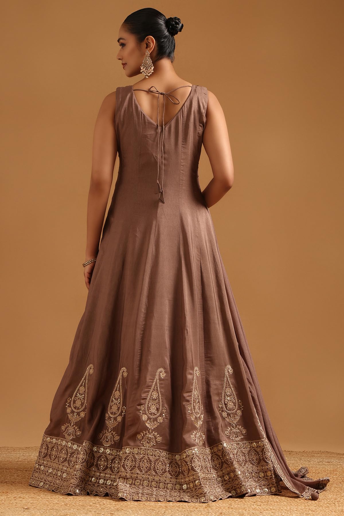 Soch Womens Brown Dola Silk Ethnic Motifs Gown with Cutdana