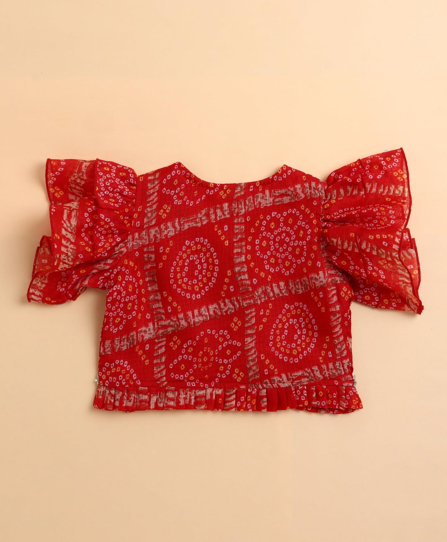 The Magic Wand Kota Doriya Ruffle Sleeves Lehenga Choli for Kids Baby Girls Bandhani Print Embellished Traditional Ethnic Lehenga Blouse for Festivals, Red, 2-3 Year