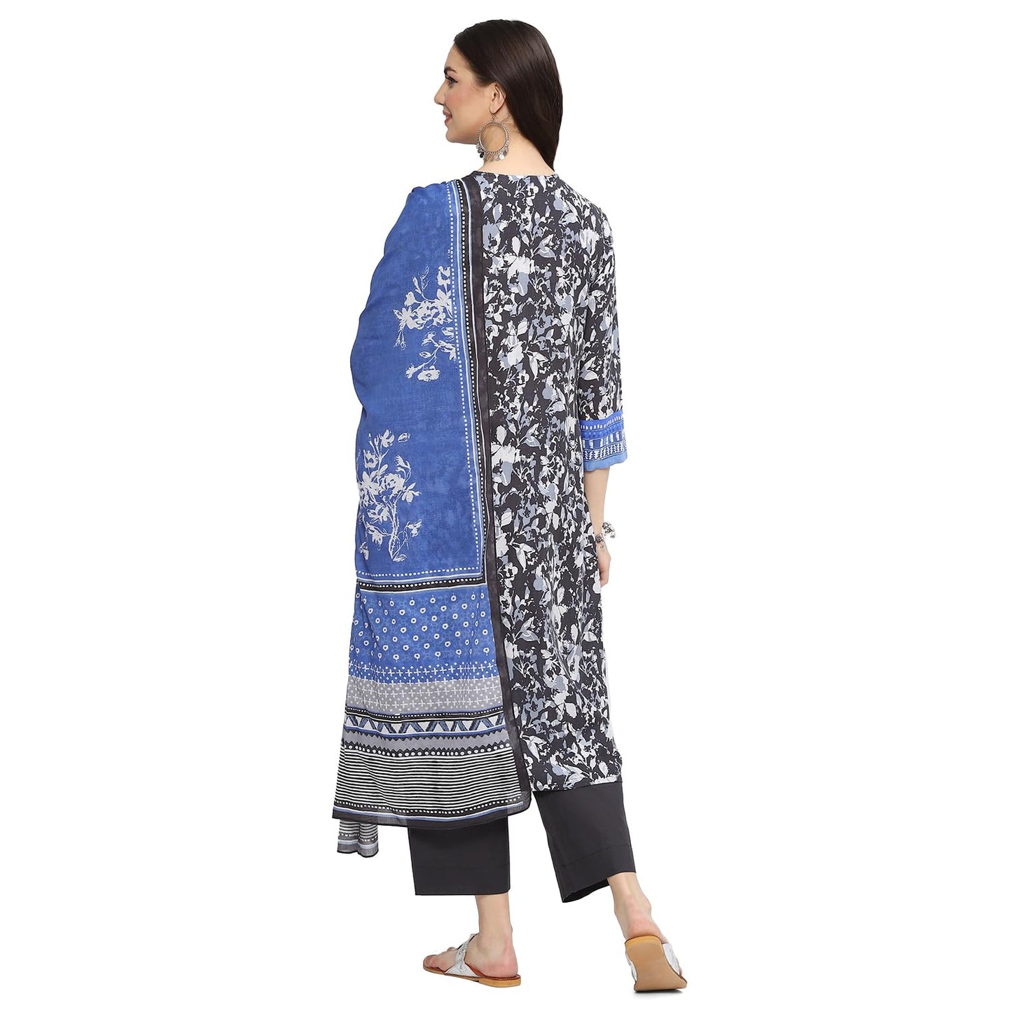 BIBA Women Rayon Printed Straight Salwar Kurta Dupatta(Skdassorted8948_Charcoal_38)