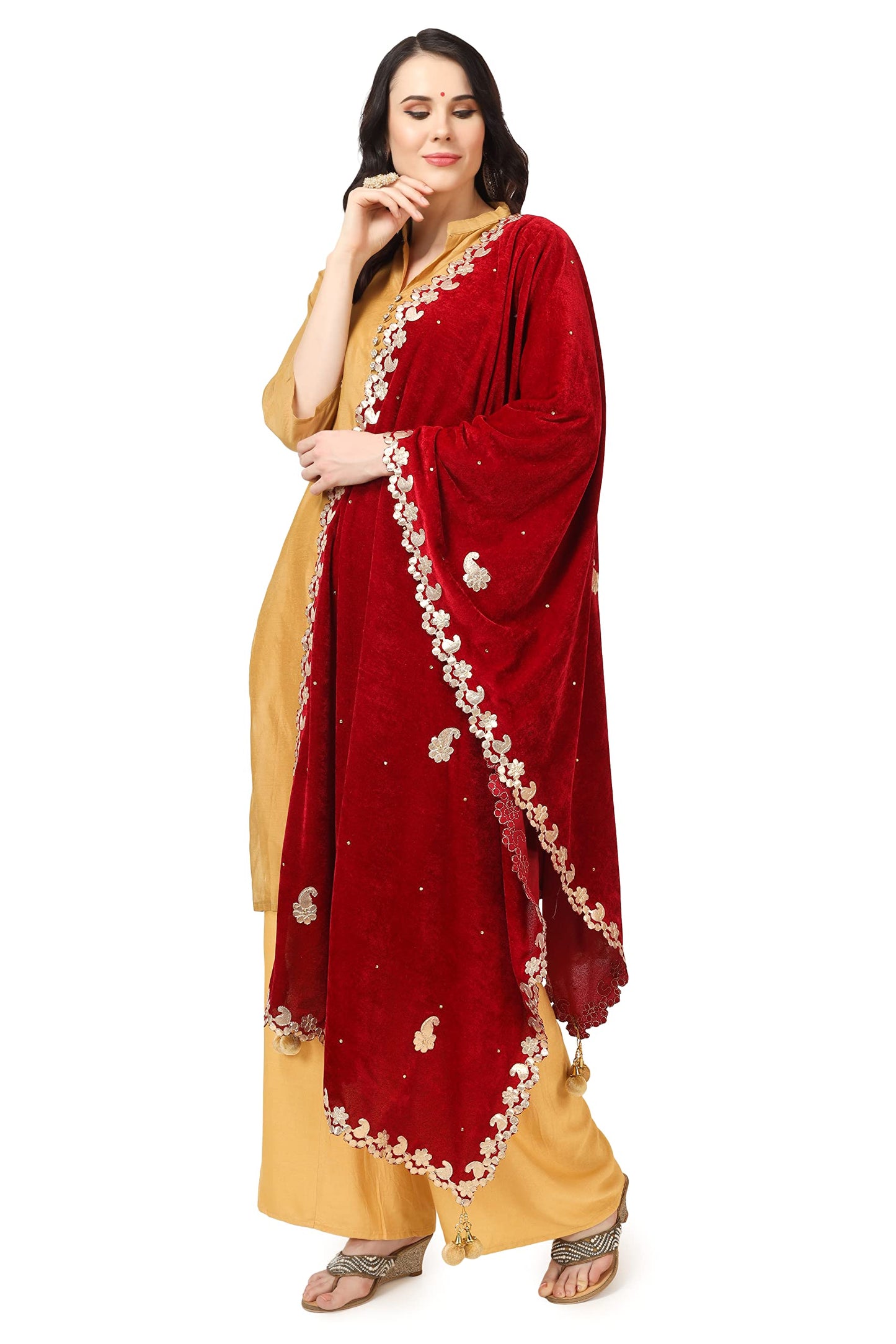 A R Silk Women's Maroon Velvet Stone Work & Four Side Gotta Patti Work With Gotta Patti Lace Fancy Dupatta(ARS0746)