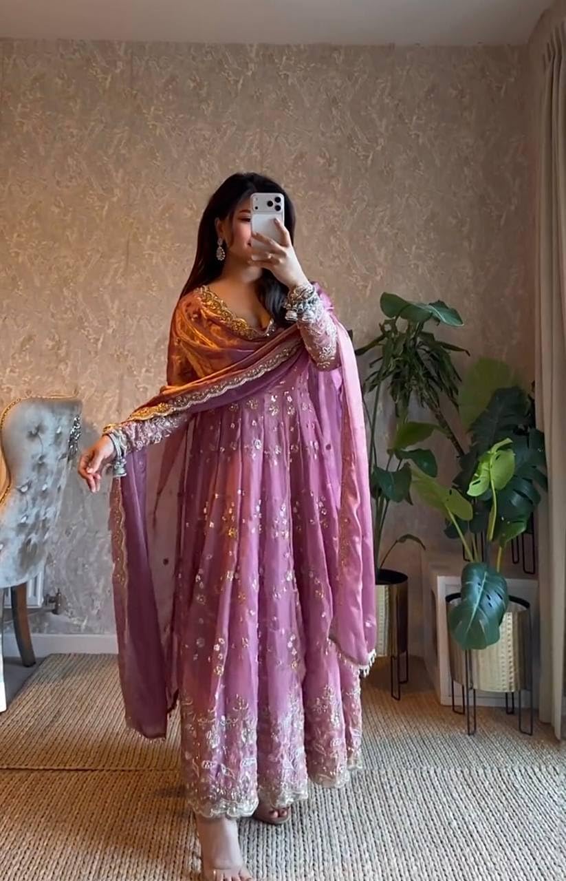 Women's Gown | Embroidery Work | Embroidered Heavy Fandy Silk Outfit | Designer Embroidered Dress with Dupatta || Long Sleeve Gowns (in, Alpha, L, Regular, Women, Light Purple)