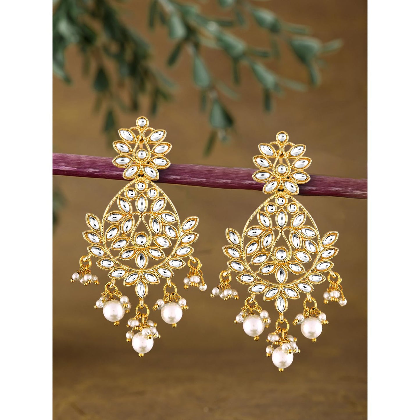 Peora Gold Plated Kundan Pearl Chandbali Earrings for Women Girls