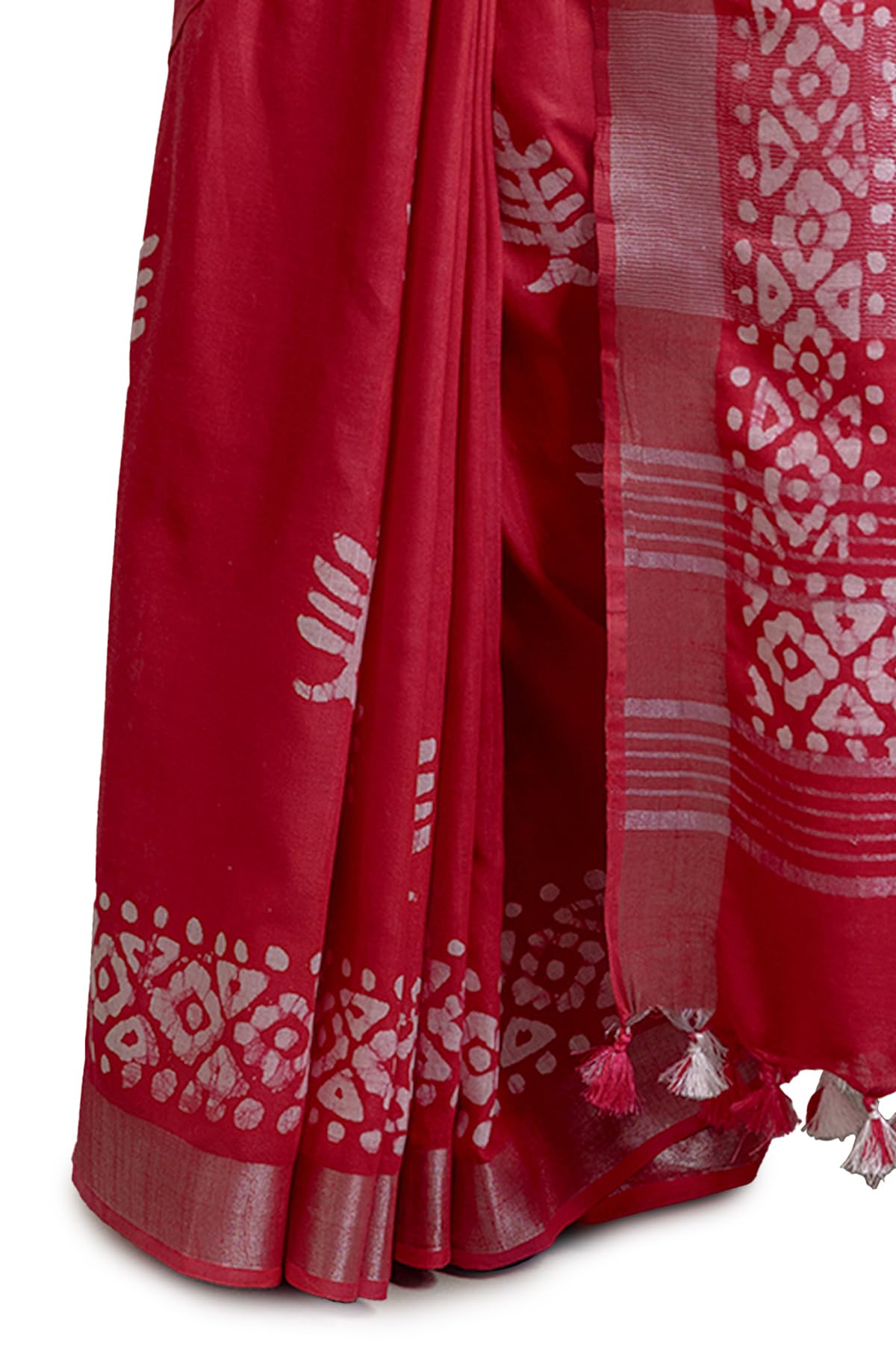Soch Womens Fuchsia Linen Batik Print Sarees With Tassels