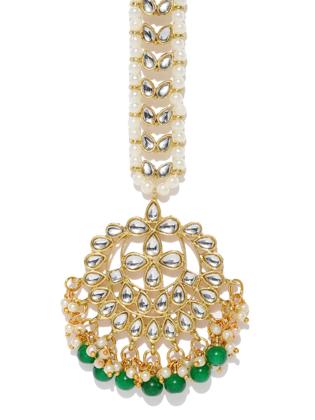Zaveri Pearls Kundan & Dangling Green Beads Mesmerising Maangtikka for Women-ZPFK9452