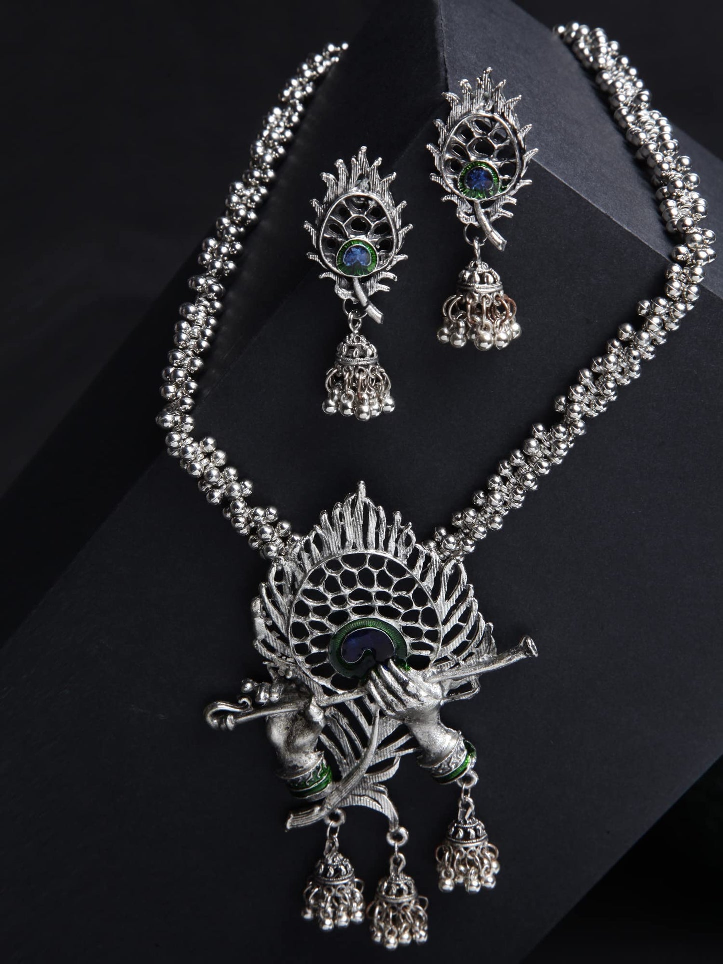 Shining Diva Fashion Latest Stylish Design Fancy Traditional Oxidised Silver Necklace Jewellery Set for Women (13165s)