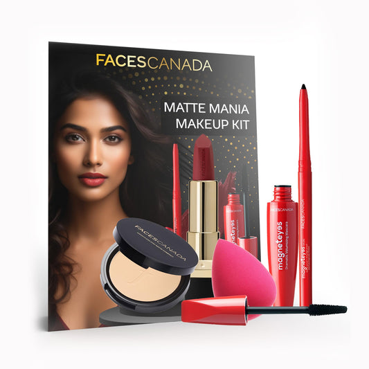 FACES CANADA Matte Mania Makeup Kit - Kajal (0.35g) + Lipstick (4.2g) + Compact (9g) + Mascara (9.5ml) + Beauty Blender | Pack of 5 | Makeup Kit For Women