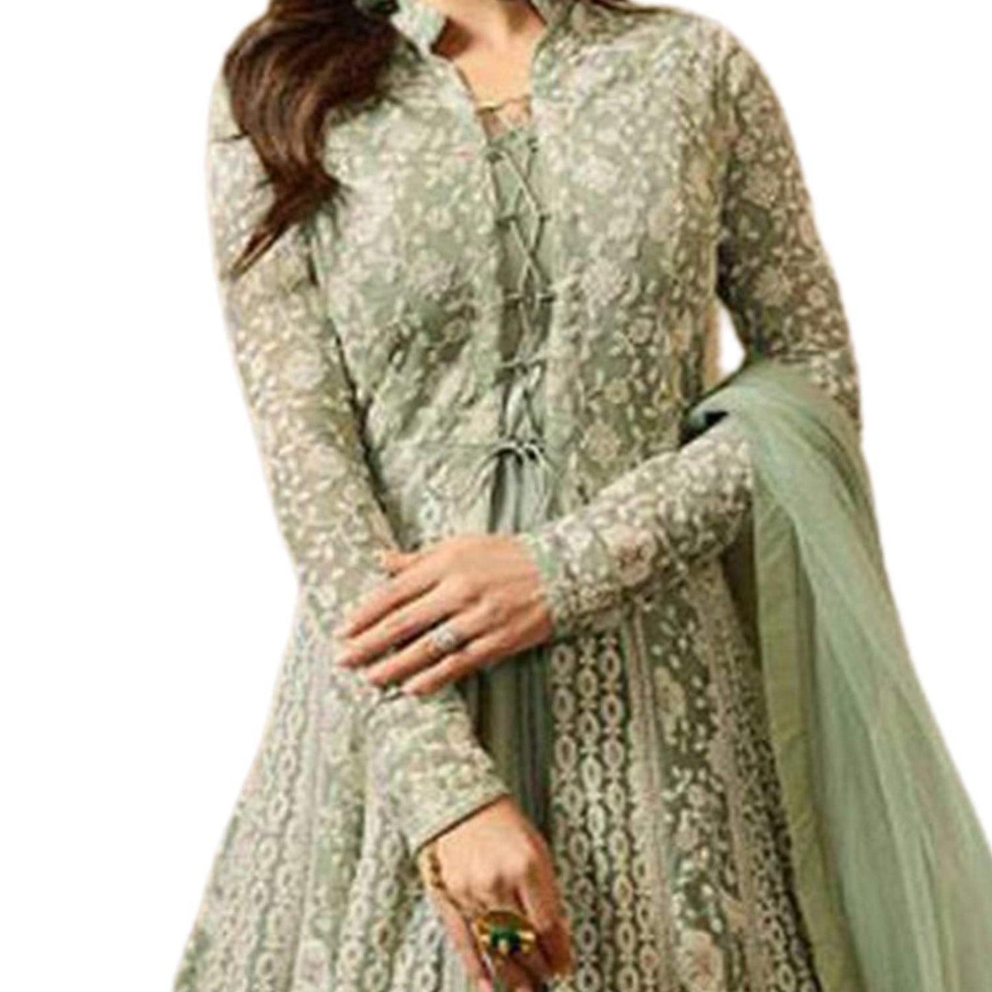 Miss Ethnik Women's Light Green Embroidered Flared Gown 945-Light Green