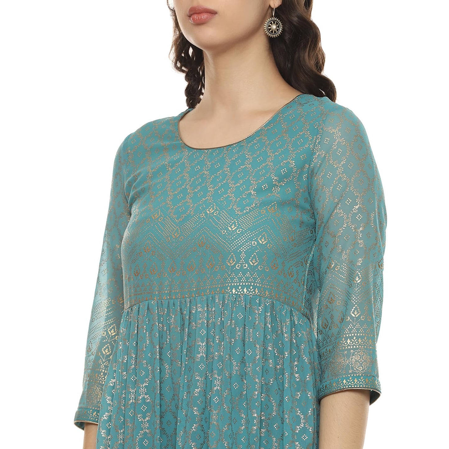 BIBA Cotton Blend Women Printed Anarkali Salwar Kurta Dupatta(Skdgold Mur9143_Sea Green_38)