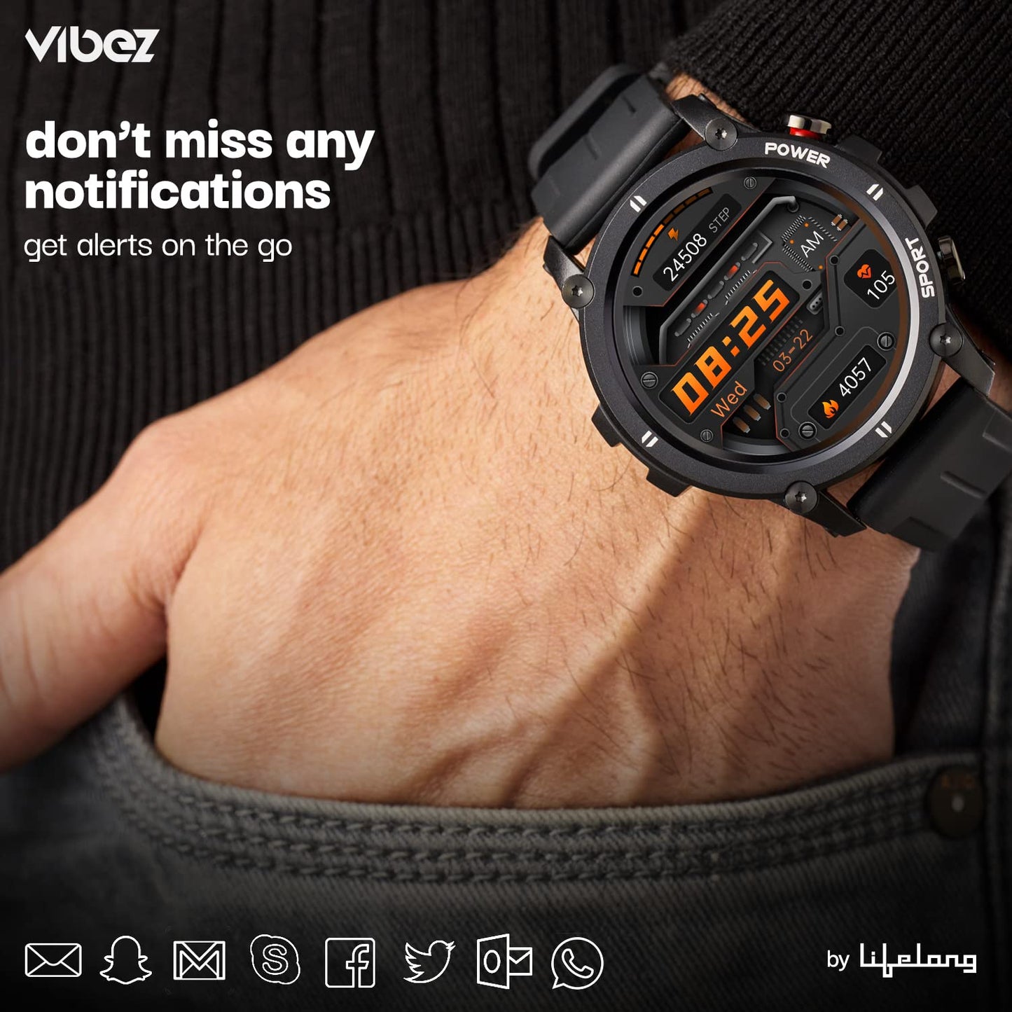 Vibez by Lifelong Haile Smartwatch For Men with HD Display|24x7 Heart Rate & Blood Oxygen Tracking|Sports Mode|Sleep Monitor|IP67 Waterproof|7 days Battery Backup (VBSWM108, 1 Year Manufacturer Warranty, Black)