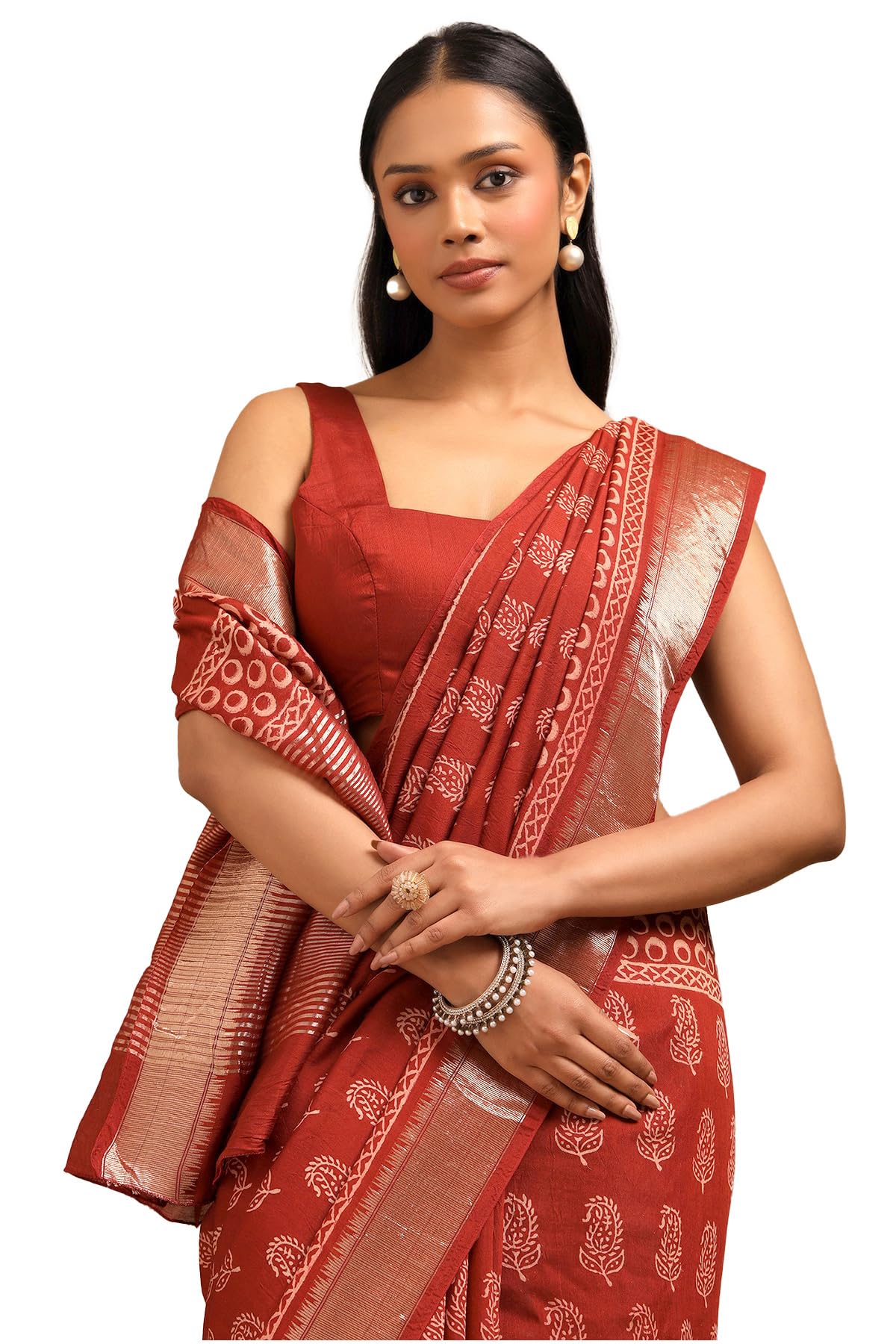 Soch Womens Rust Viscose Block Print Saree
